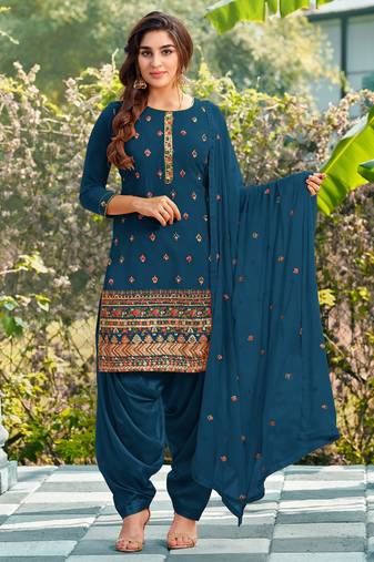 Pure georgette party wear suit in teal blue color with embroidery work