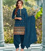 Pure georgette party wear suit in teal blue color with embroidery work