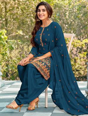 Pure georgette party wear suit in teal blue color with embroidery work 2