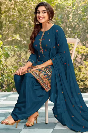 Pure georgette party wear suit in teal blue color with embroidery work