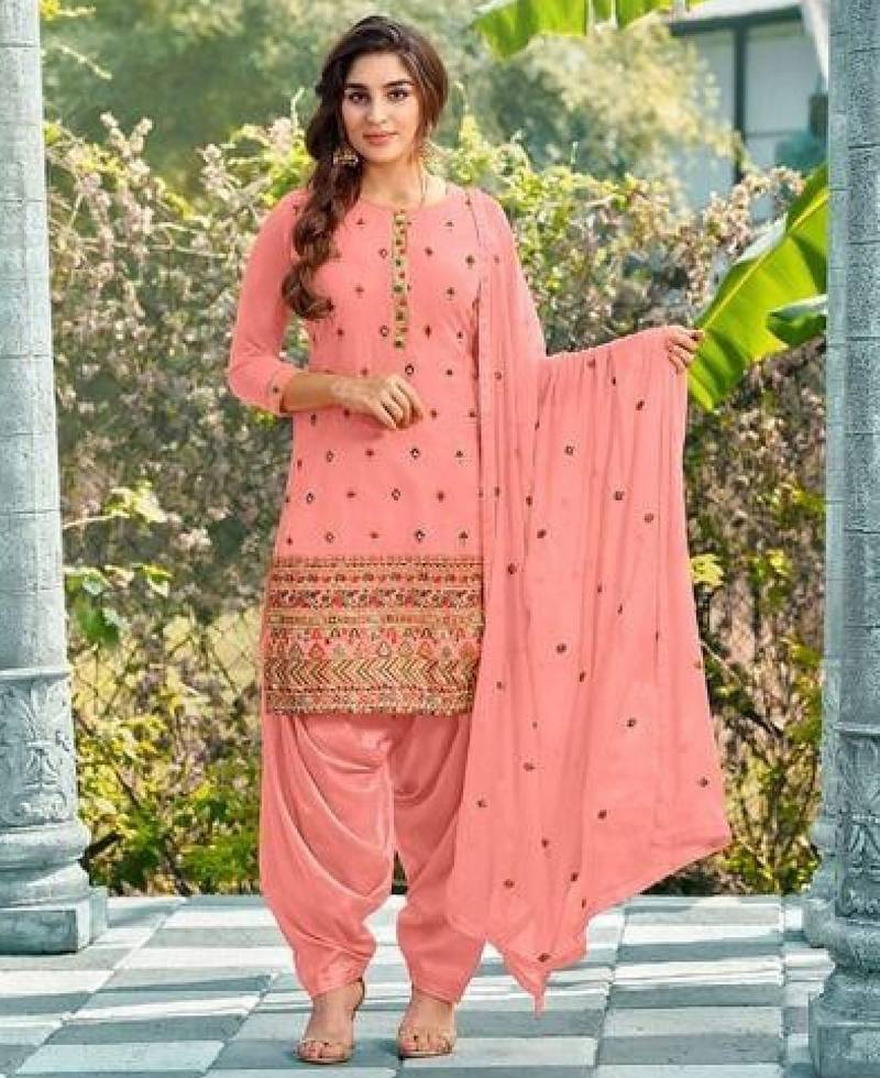 Pure georgette party wear suit in pink color with embroidery work