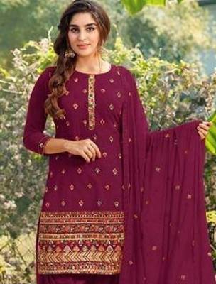 Pure georgette party wear suit in maroon color with embroidery work 2