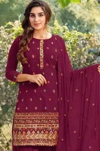 Pure georgette party wear suit in maroon color with embroidery work