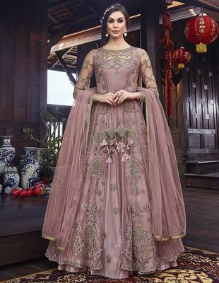 Soft premium net wedding wear gown in pink with embroidery & stone work 1