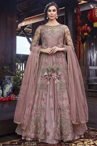 Soft premium net wedding wear gown in pink with embroidery & stone work