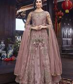 Soft premium net wedding wear gown in pink with embroidery & stone work