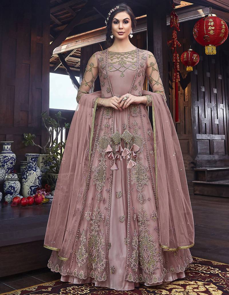 Soft premium net wedding wear gown in pink with embroidery & stone work