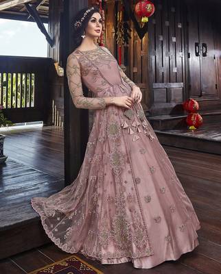 Soft premium net wedding wear gown in pink with embroidery & stone work 2