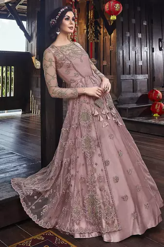 Soft premium net wedding wear gown in pink with embroidery & stone work