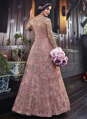 Soft premium net wedding wear gown in pink with embroidery & stone work 3