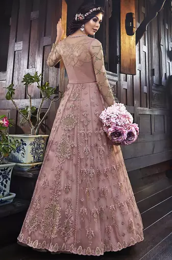 Soft premium net wedding wear gown in pink with embroidery & stone work