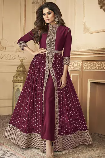 Georgette party wear anarkali suit in light wine with embroidery work