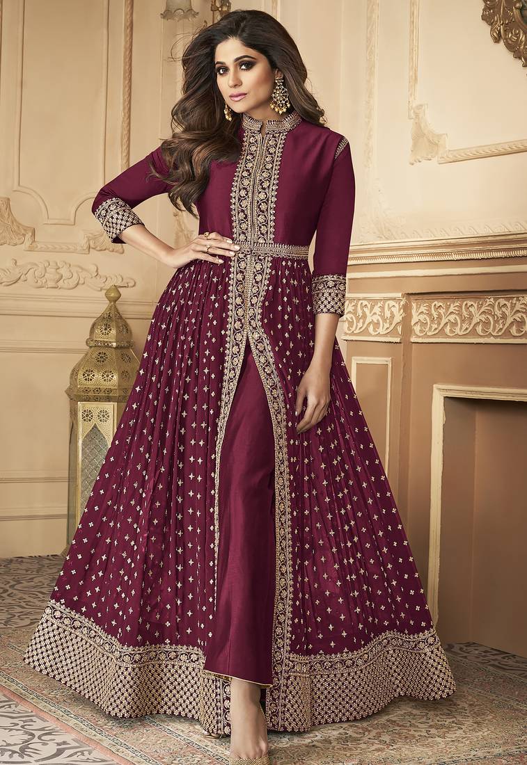 Georgette party wear anarkali suit in light wine with embroidery work