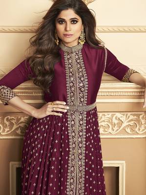 Georgette party wear anarkali suit in light wine with embroidery work 2