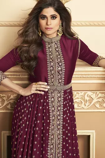 Georgette party wear anarkali suit in light wine with embroidery work