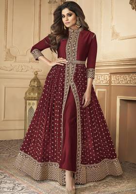 Georgette party wear anarkali suit in maroon color with embroidery work 1