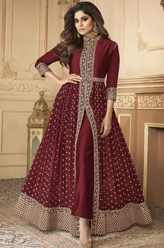 Georgette party wear anarkali suit in maroon color with embroidery work
