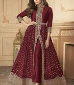 Georgette party wear anarkali suit in maroon color with embroidery work