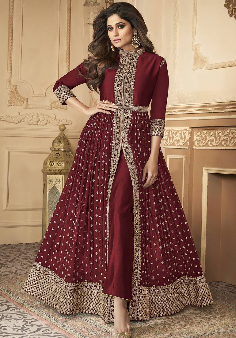 Georgette party wear anarkali suit in maroon color with embroidery work