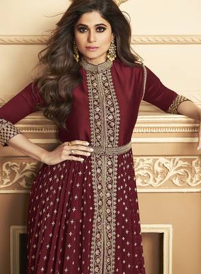 Georgette party wear anarkali suit in maroon color with embroidery work 2