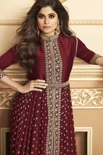Georgette party wear anarkali suit in maroon color with embroidery work