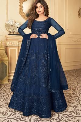 Butterfly net fabrics wedding wear gown in blue color with embroidery work 1