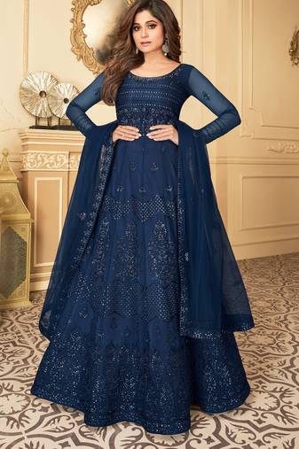 Butterfly net fabrics wedding wear gown in blue color with embroidery work