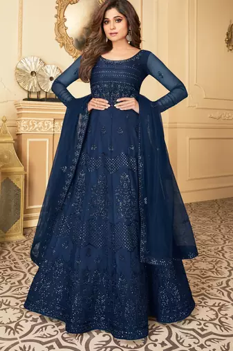 Butterfly net fabrics wedding wear gown in blue color with embroidery work