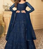 Butterfly net fabrics wedding wear gown in blue color with embroidery work