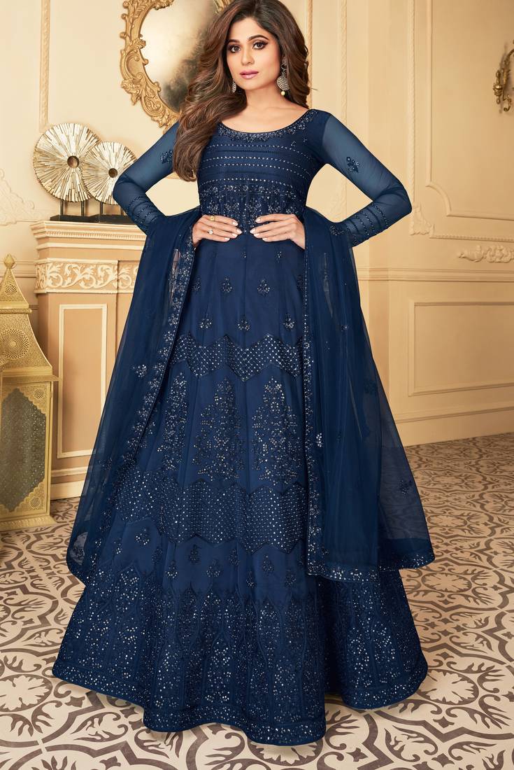 Butterfly net fabrics wedding wear gown in blue color with embroidery work