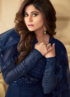 Butterfly net fabrics wedding wear gown in blue color with embroidery work 2
