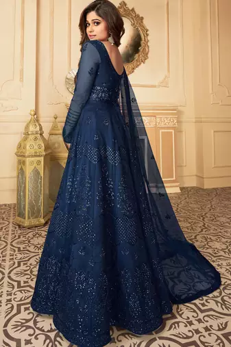 Butterfly net fabrics wedding wear gown in blue color with embroidery work