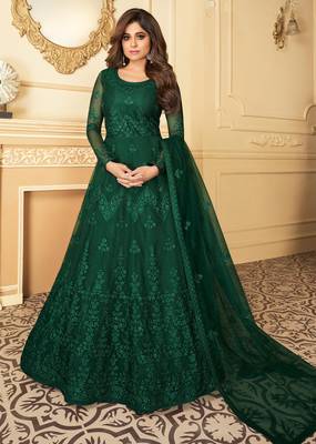 Butterfly net fabrics wedding wear gown in green color with embroidery work 1