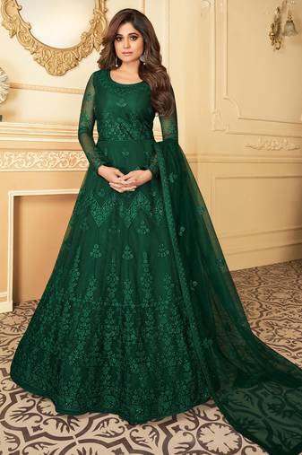 Butterfly net fabrics wedding wear gown in green color with embroidery work