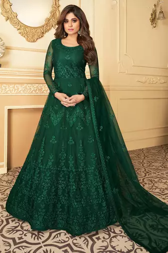 Butterfly net fabrics wedding wear gown in green color with embroidery work