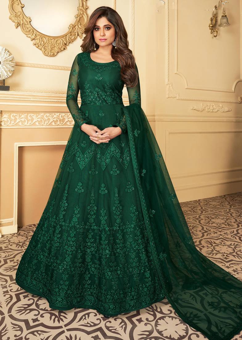 Butterfly net fabrics wedding wear gown in green color with embroidery work