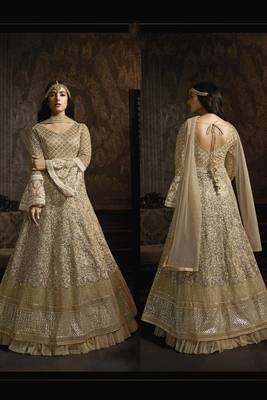 Butterfly net fabrics wedding wear gown in golden color with embroidery work 2