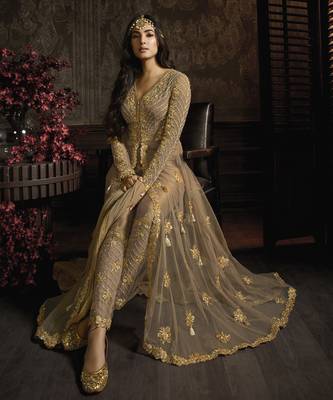 Butterfly net fabrics wedding wear gown in golden color with embroidery work 3