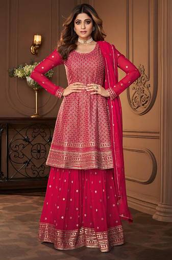 Pure georgette party wear sharara in pink color with embroidery work