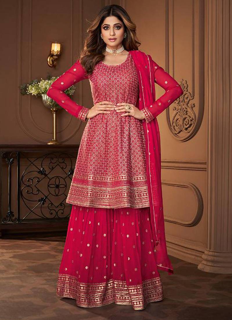 Pure georgette party wear sharara in pink color with embroidery work