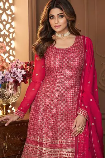 Pure georgette party wear sharara in pink color with embroidery work
