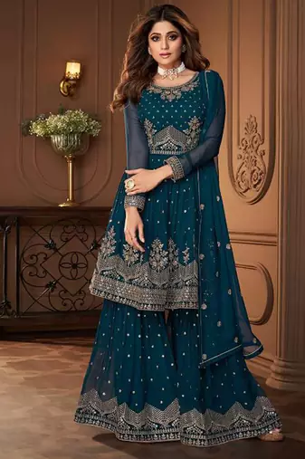Pure georgette party wear sharara in teal blue color with embroidery work