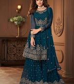 Pure georgette party wear sharara in teal blue color with embroidery work