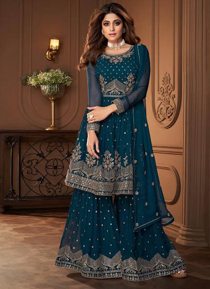 Pure georgette party wear sharara in teal blue color with embroidery work