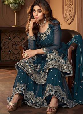 Pure georgette party wear sharara in teal blue color with embroidery work 2