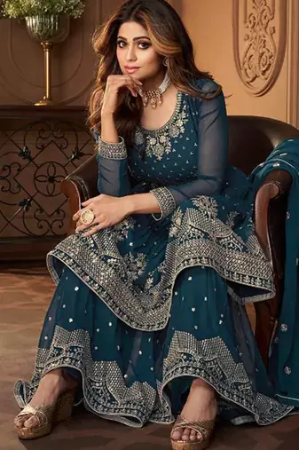 Pure georgette party wear sharara in teal blue color with embroidery work