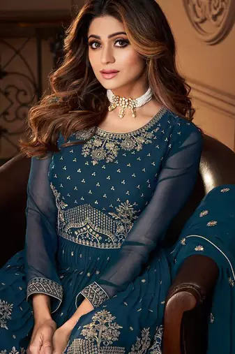 Pure georgette party wear sharara in teal blue color with embroidery work