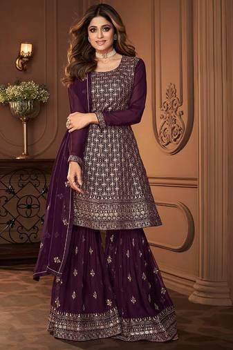 Pure georgette party wear sharara in violet color with embroidery work