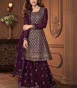 Pure georgette party wear sharara in violet color with embroidery work