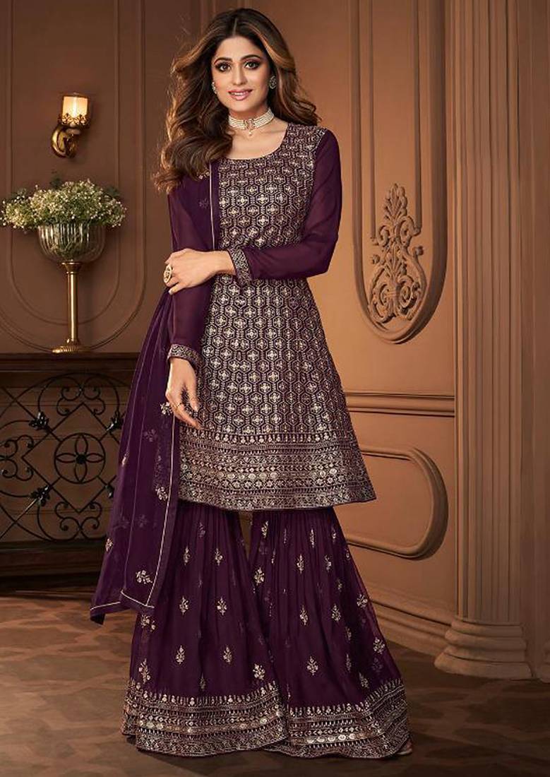 Pure georgette party wear sharara in violet color with embroidery work